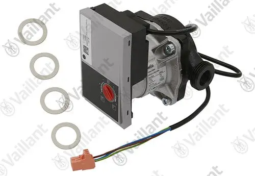 Vaillant Pumpe mit elektrischer Steuerung und Anschlusskabel sowie mehreren Dichtungsringen. Das Produkt ist für Heizungs- oder Wasserversorgungssysteme konzipiert.